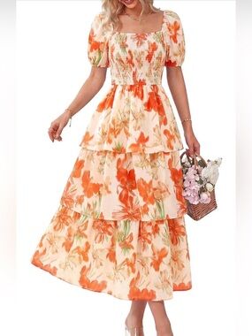 #49 BTFBM Smocked Square-Neck Tiered Floral Maxi Dress - Orange Floral